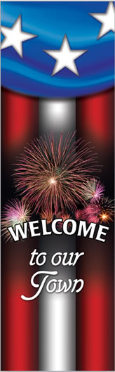 Welcome Celebration Pole Banner with Fireworks and Flag