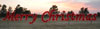 Night time photo of large Merry Christmas script sign with garland and LED lights - day time view