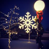 snowflake decorations lining street lamps