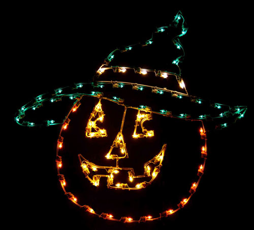 4' Silhouette Jack O Lantern Head with Witches Hat Halloween Light Display
