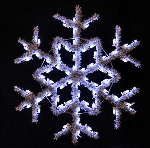 Versatile 4 feet hanging snowflake featuring pure white C7 LED lights