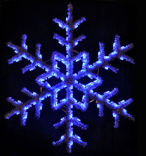 Large versatile 5 feet hanging snowflake featuring blue C7 LED lights
