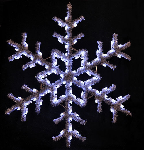 Versatile 5 feet hanging snowflake featuring pure white C7 LED lights
