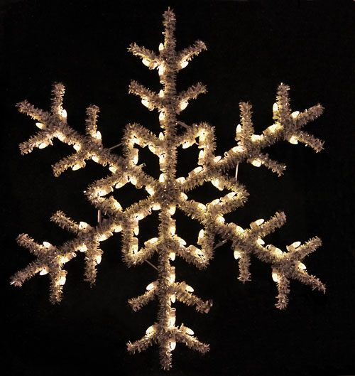 Versatile 5 feet hanging snowflake featuring warm white C7 LED lights