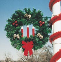 Pole Mount Garland Wreath with Three Red Candles, Pole Mount 3 Feet