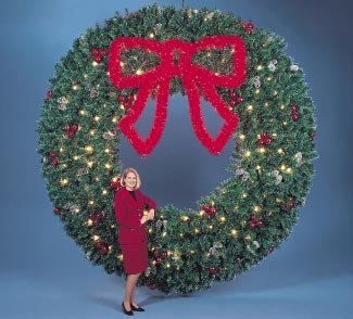 Building Front Deluxe Garland Wreath with 3' and 5' Lighted Garland Bow, 10 and 12 feet