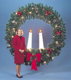Building Front Deluxe Garland Wreath with Two White Candles, 8 feet