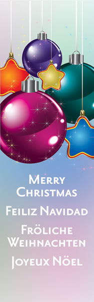 Multi-Language Merry Christmas Holiday Light Pole Banner with Ornaments